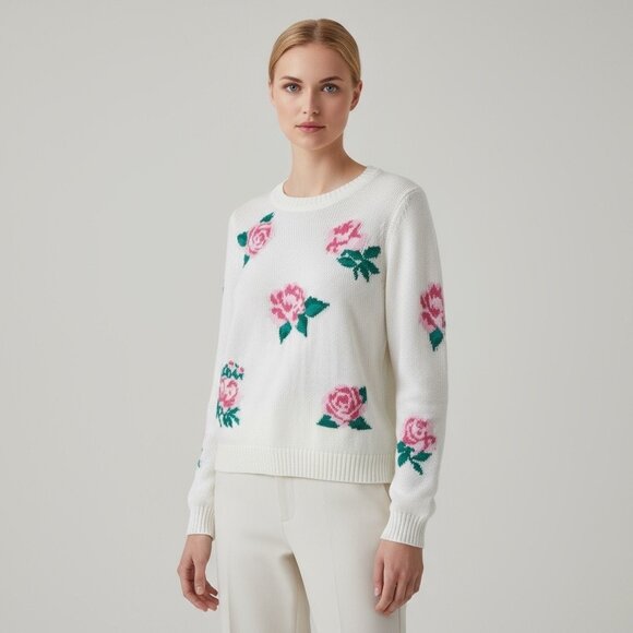 Chaser White Floral Knit Sweater - Size L - Cotton Blend - Picture 2 of 7